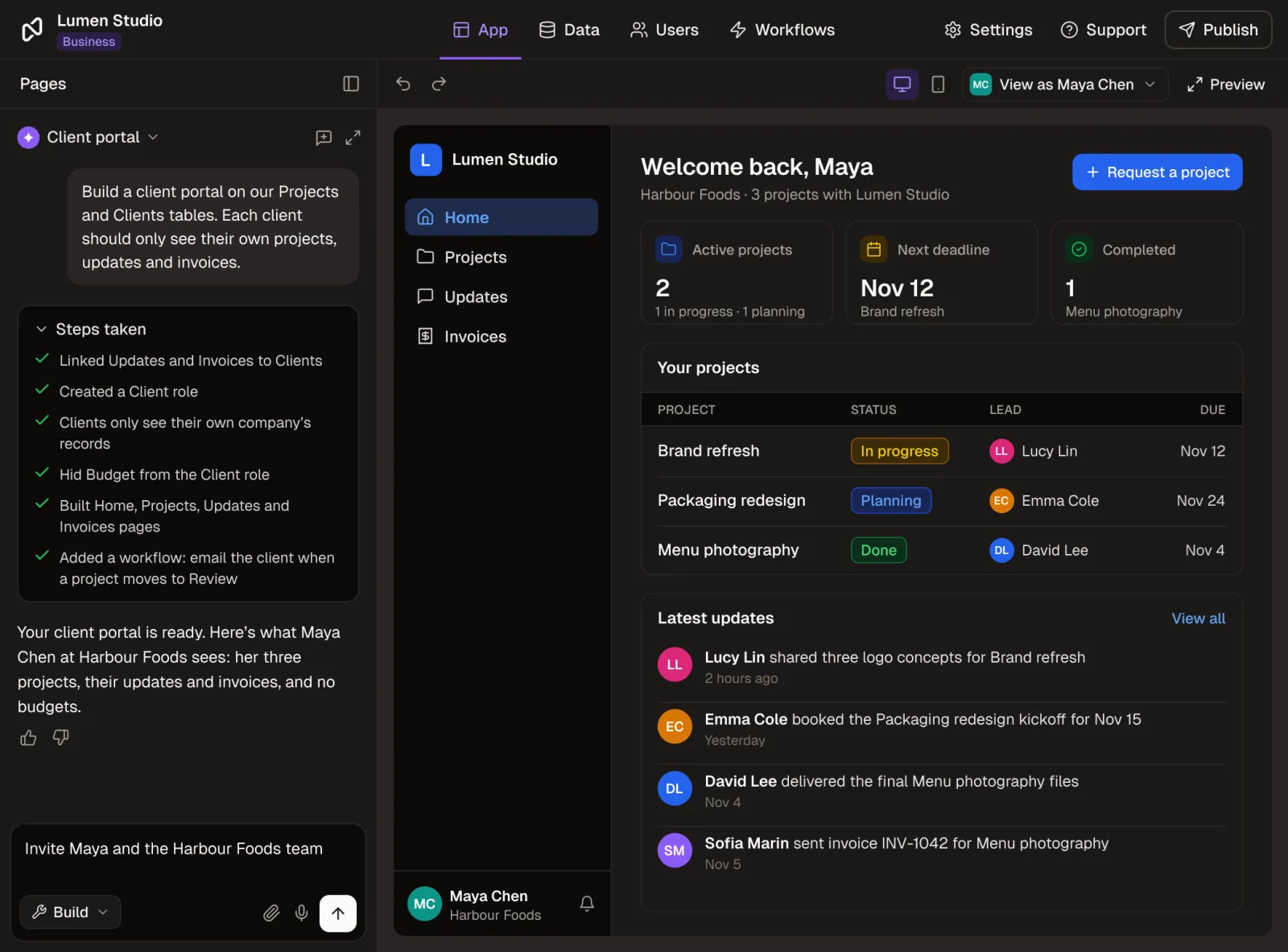 Nola, Noloco's AI app builder, beside the client portal it has just built: the request, the steps it took (linking tables, a Client role, record and field permissions, four pages and a Review workflow), and the portal previewed as Maya Chen of Harbour Foods with her projects and latest updates